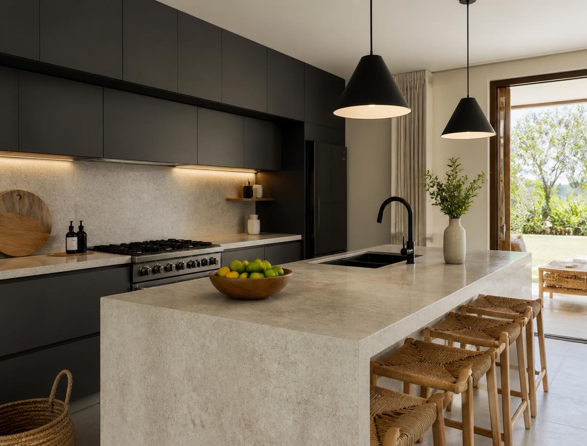 Modern kitchen with stone island and bar seating